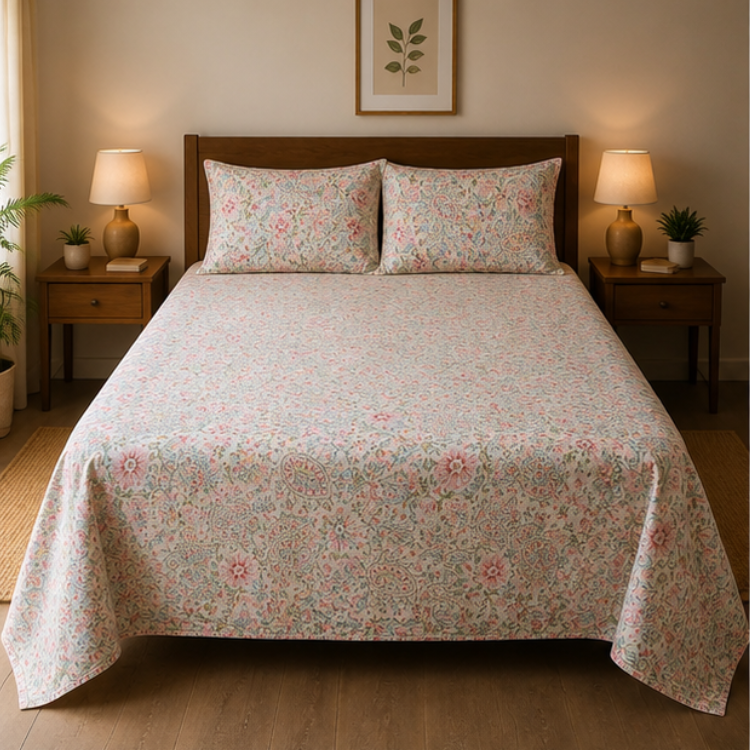Premium Pastel Floral Single Bedsheet with 2 Pillow Cover