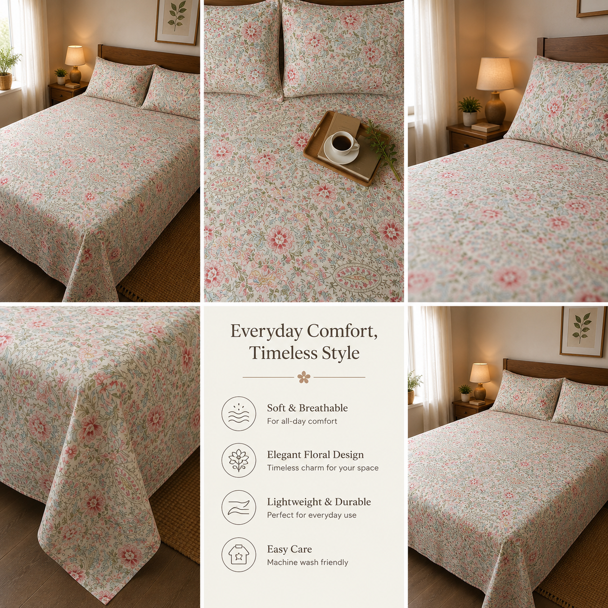 Premium Pastel Floral Single Bedsheet with 2 Pillow Cover