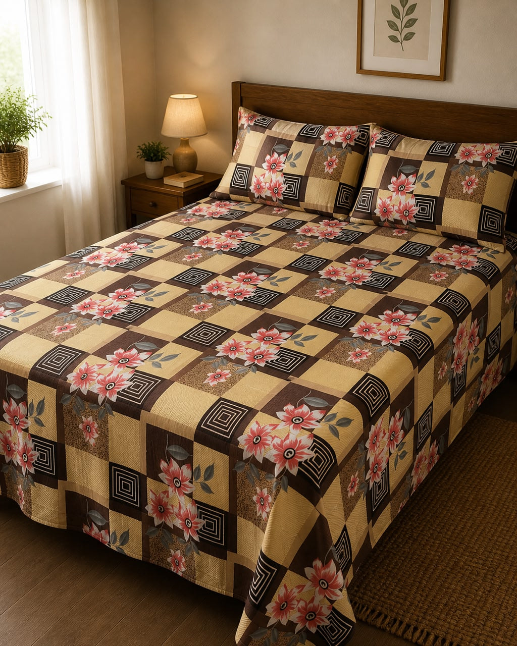 Premium Patchwork Floral Double Bedsheet with 2 Pillow Covers