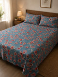 Royal Blue Floral Double Bedsheet with 2 Pillow Covers