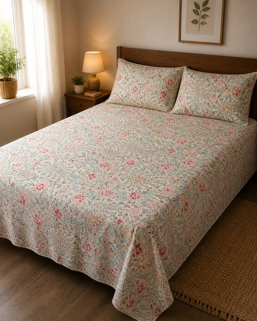 Premium Pastel Floral Single Bedsheet with 2 Pillow Cover