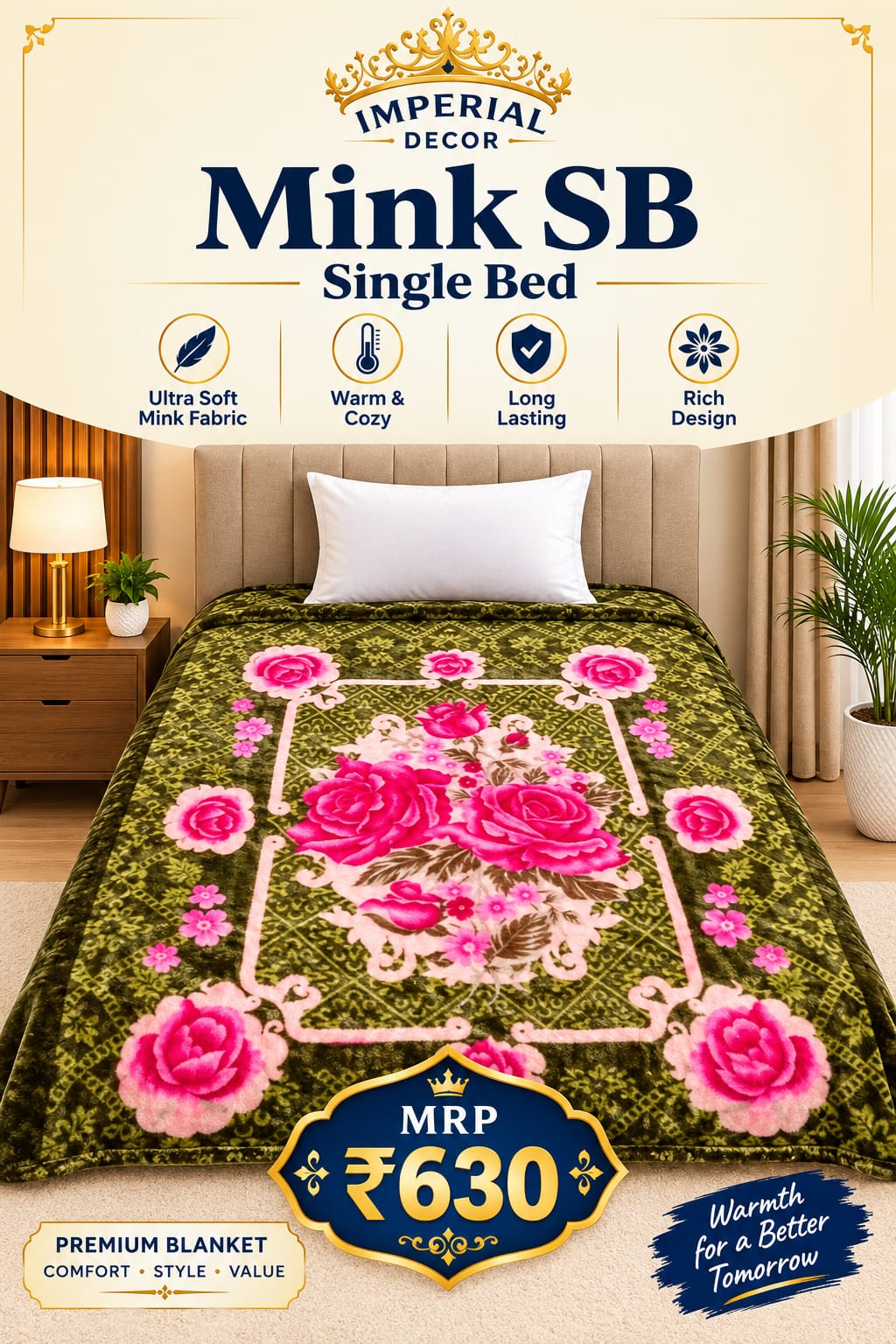 Mink Single Bed Blanket – Olive Green & Pink Floral Design | Doon Imperial Decor
