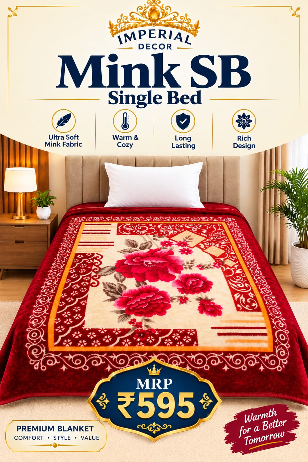 Mink SB Single Bed Blanket – Red & Cream Floral Design | Doon Imperial Decor