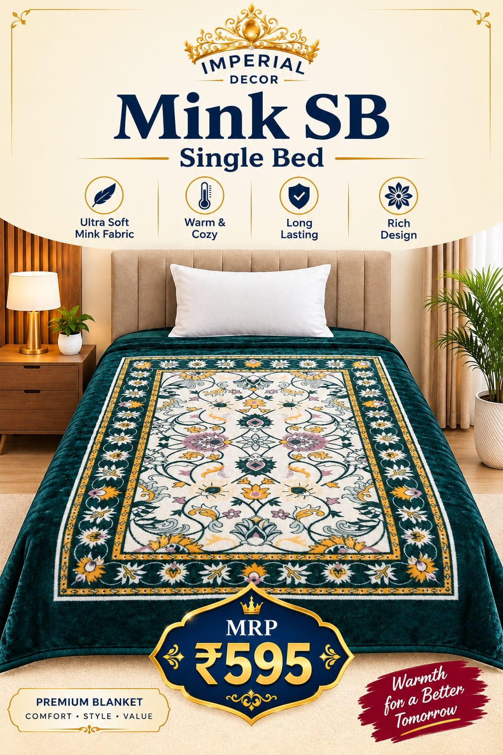 Mink SB Single Bed Blanket – Premium Floral Design | Teal Green | Doon Imperial Decor