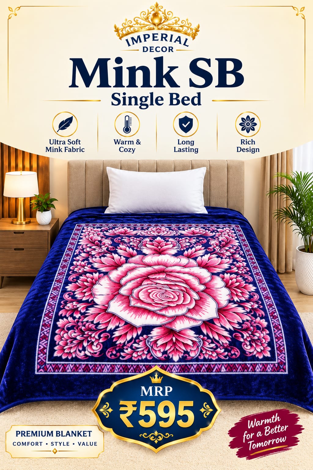 Mink SB Single Bed Blanket – Royal Blue & Pink Floral Design | Doon Imperial Decor