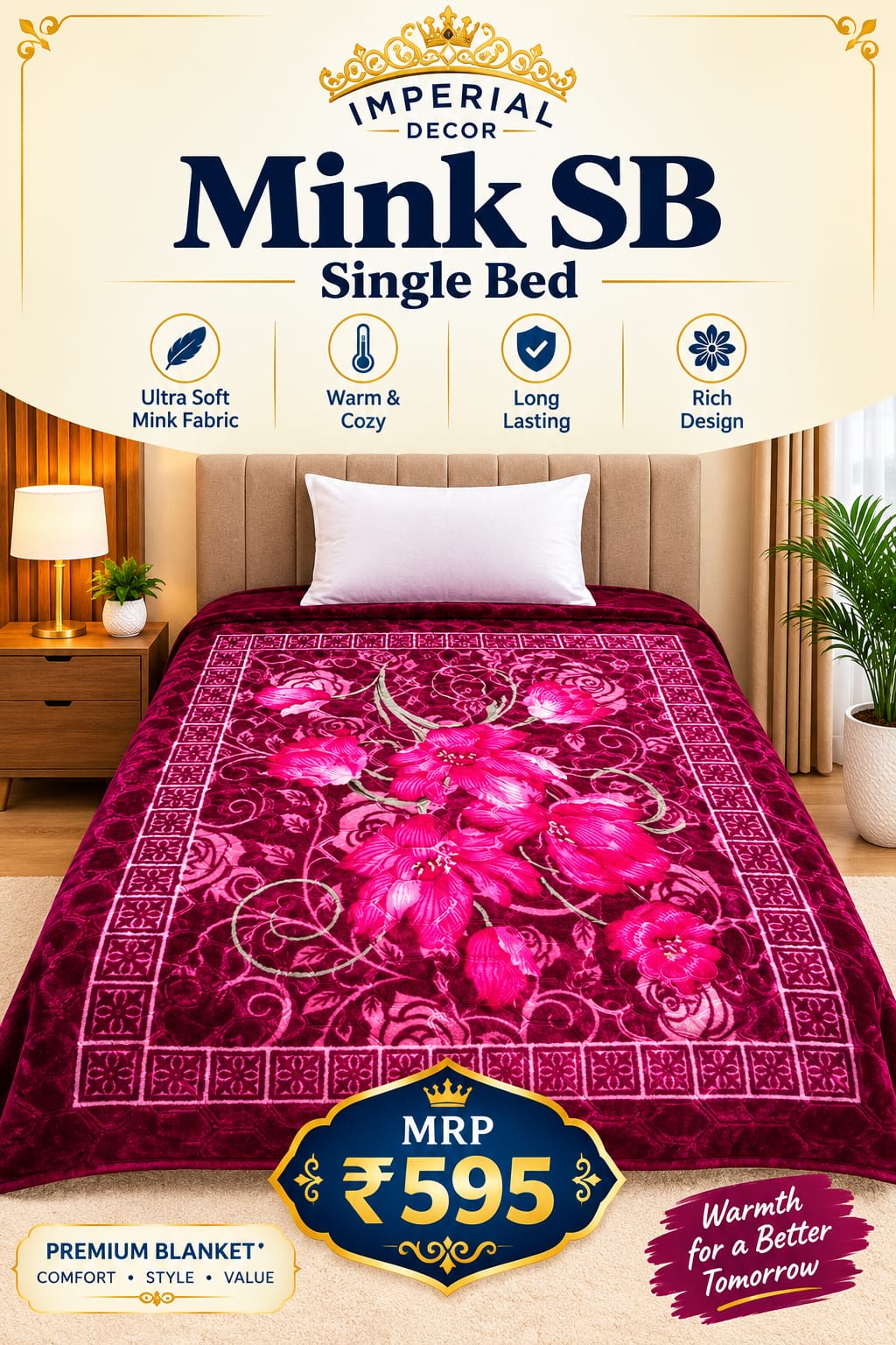 Mink Blanket Single Bed – Wine Maroon & Pink Floral Design | Premium Soft & Warm Blanket | Doon Imperial Decor