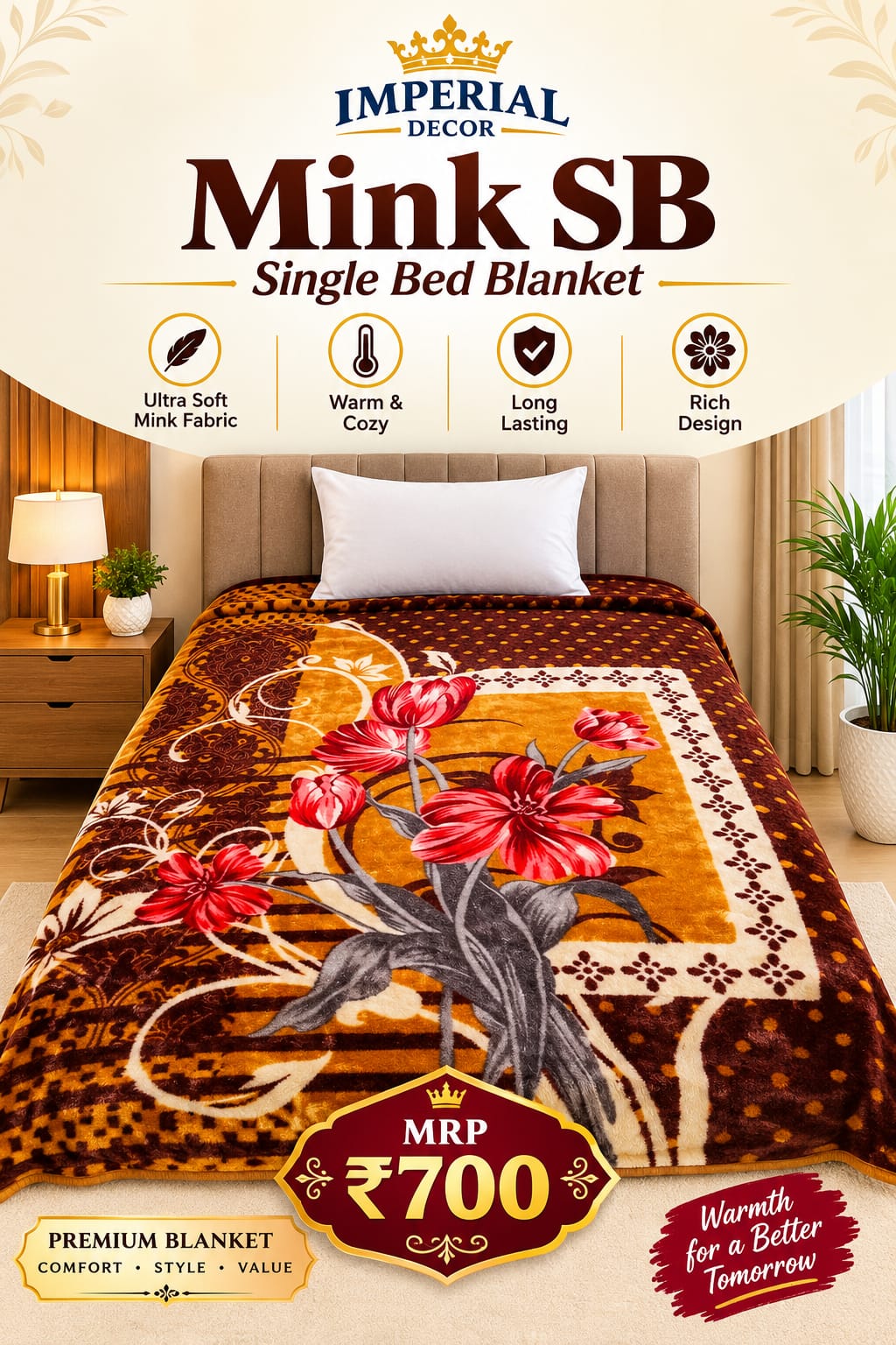 Mink Blanket for Single Bed – Brown, Mustard & Red Floral Design | Doon Imperial Decor