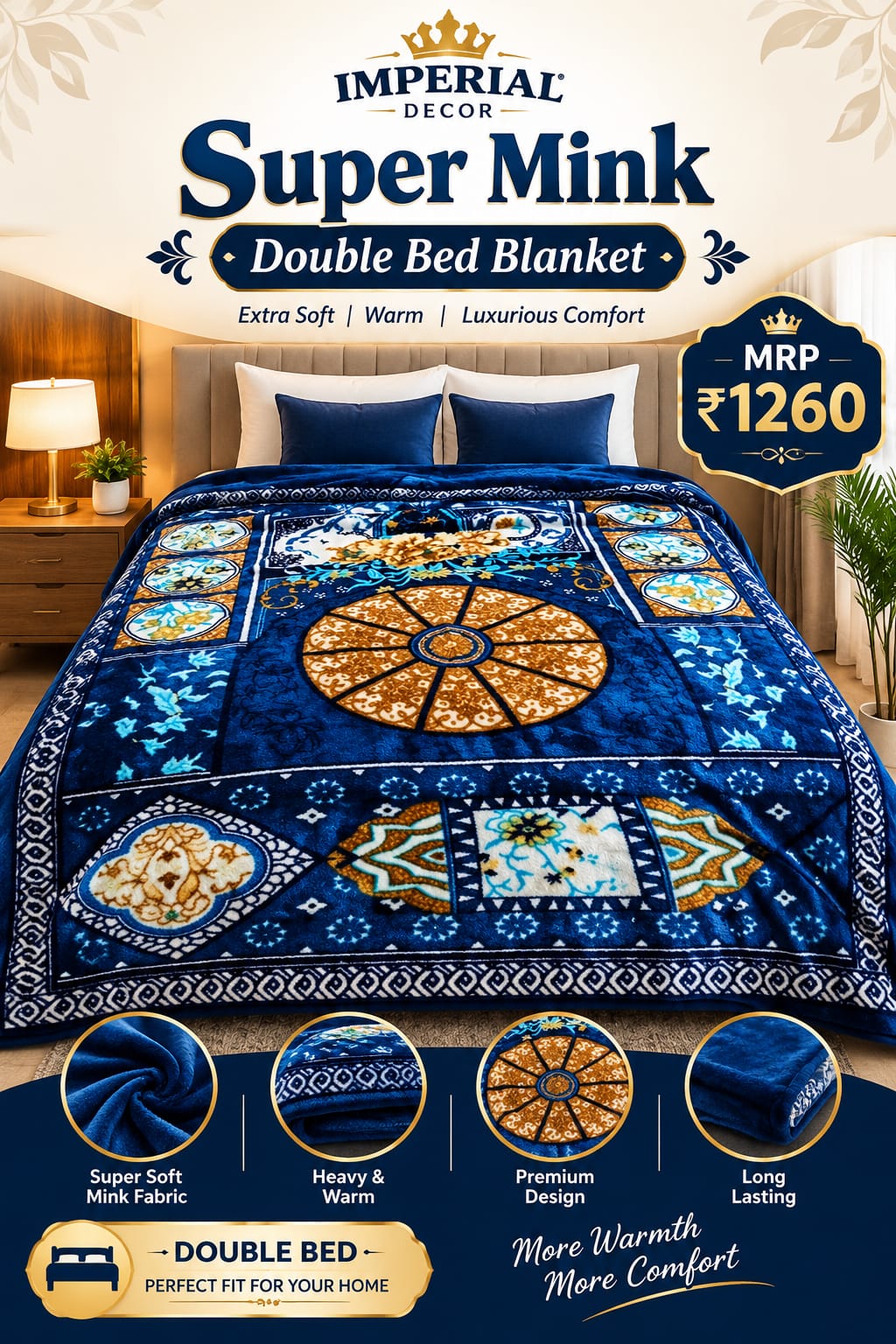 Super Mink Double Bed Blanket – Royal Blue with Golden & Multicolour Floral Design| Doon Imperial Decor