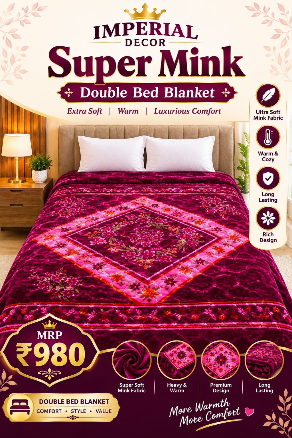 Super Mink Double Bed Blanket – Magenta & Pink Floral Design, Ultra Soft & Warm | Doon Imperial Decor
