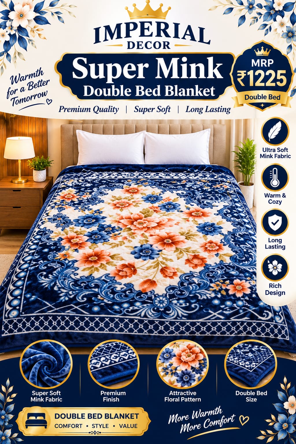 Navy Blue & White Floral Print, Super Soft Mink, Warm & Cozy Premium Blanket | Doon Imperial Decor