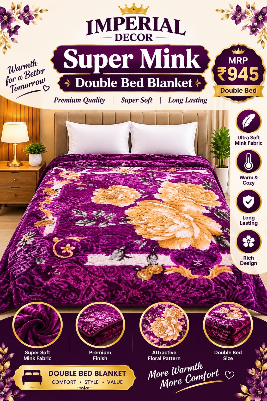 Purple Double Bed Mink Blanket – Purple & Cream Floral Design, Ultra Soft & Warm | Doon Imperial Decor