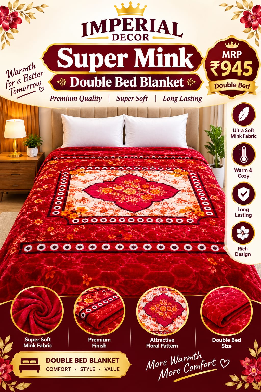 Red Double Bed Mink Blanket – Red & Cream Floral Design, Ultra Soft & Warm | Doon Imperial Decor