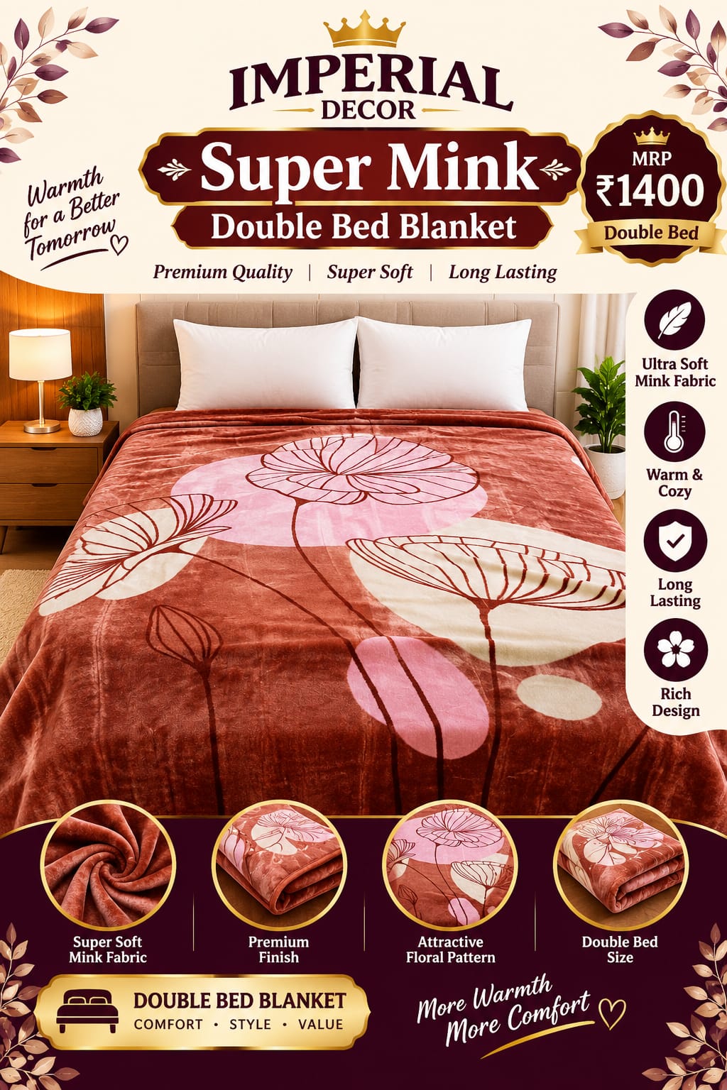 Rust Brown, Peach & Cream Floral Print, Ultra Soft & Warm Premium Blanket | Doon Imperial Decor
