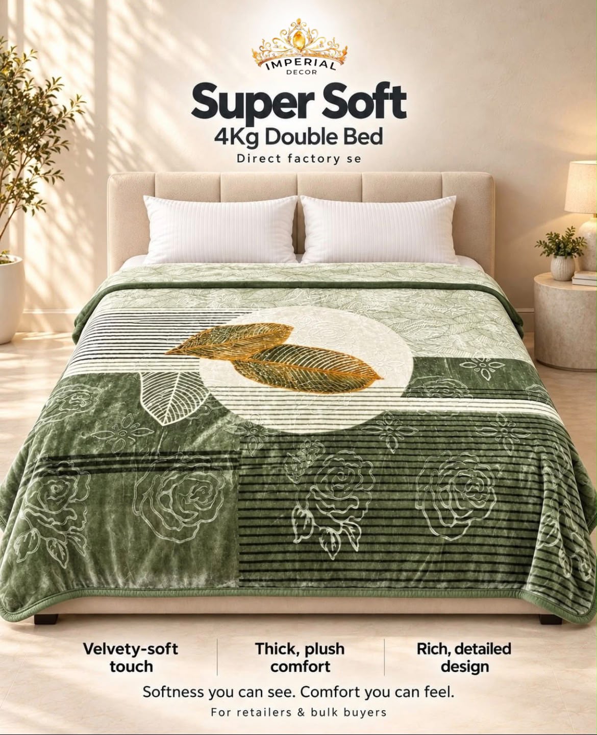 Super Soft Double Bed Blanket – Premium Velvet Plush Winter Blanket in Olive Green & Cream Floral Design | Doon Imperial Decor