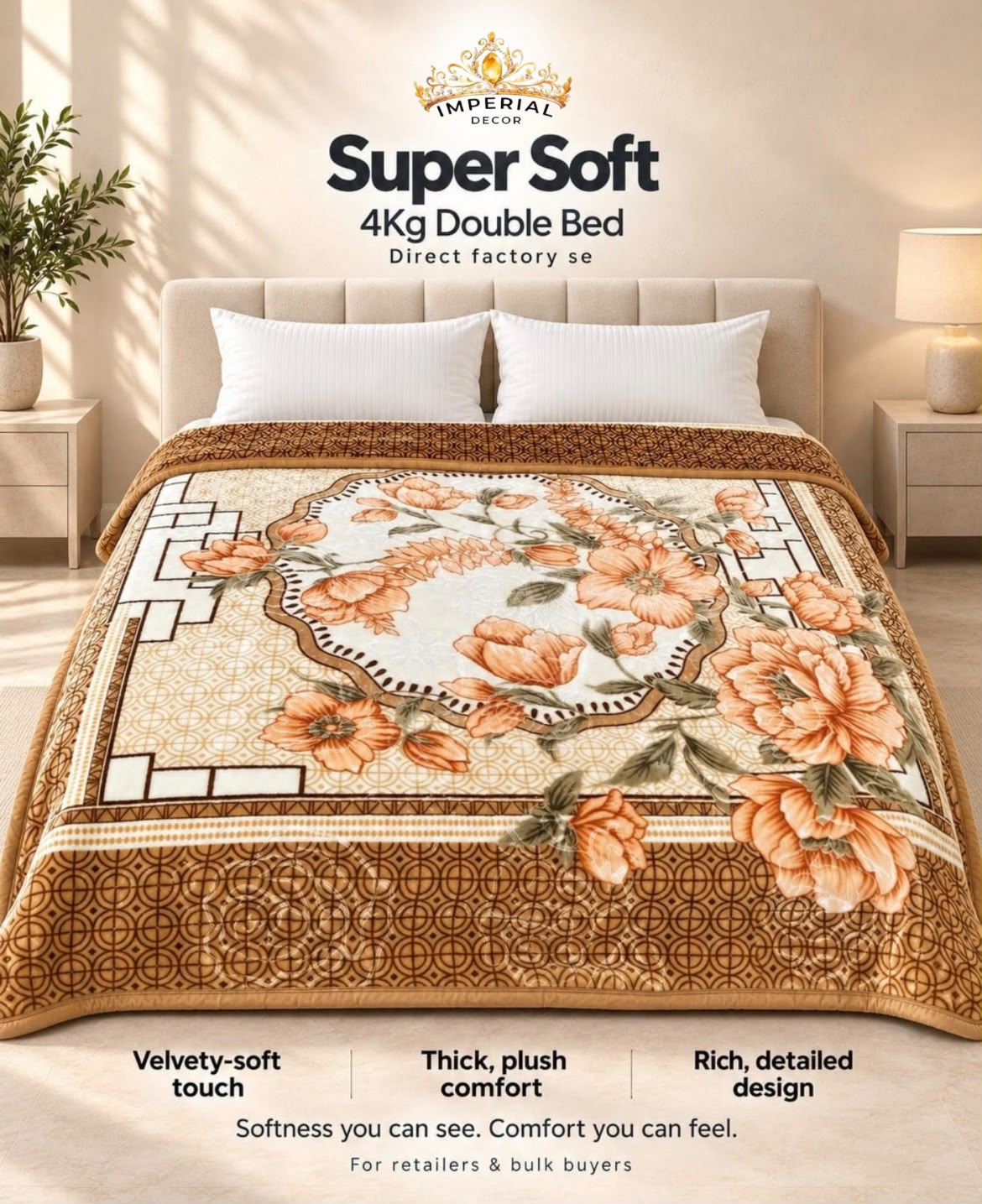 Super Soft Double Bed Blanket – Premium Plush Floral Blanket in Brown & Cream | Doon Imperial Decor